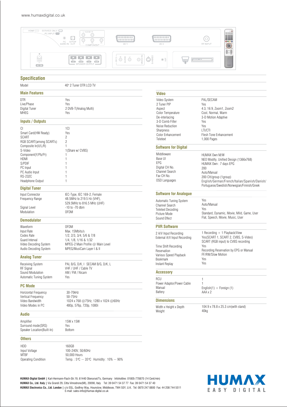 Specification | Humax LP40-TDR1 User Manual | Page 4 / 4