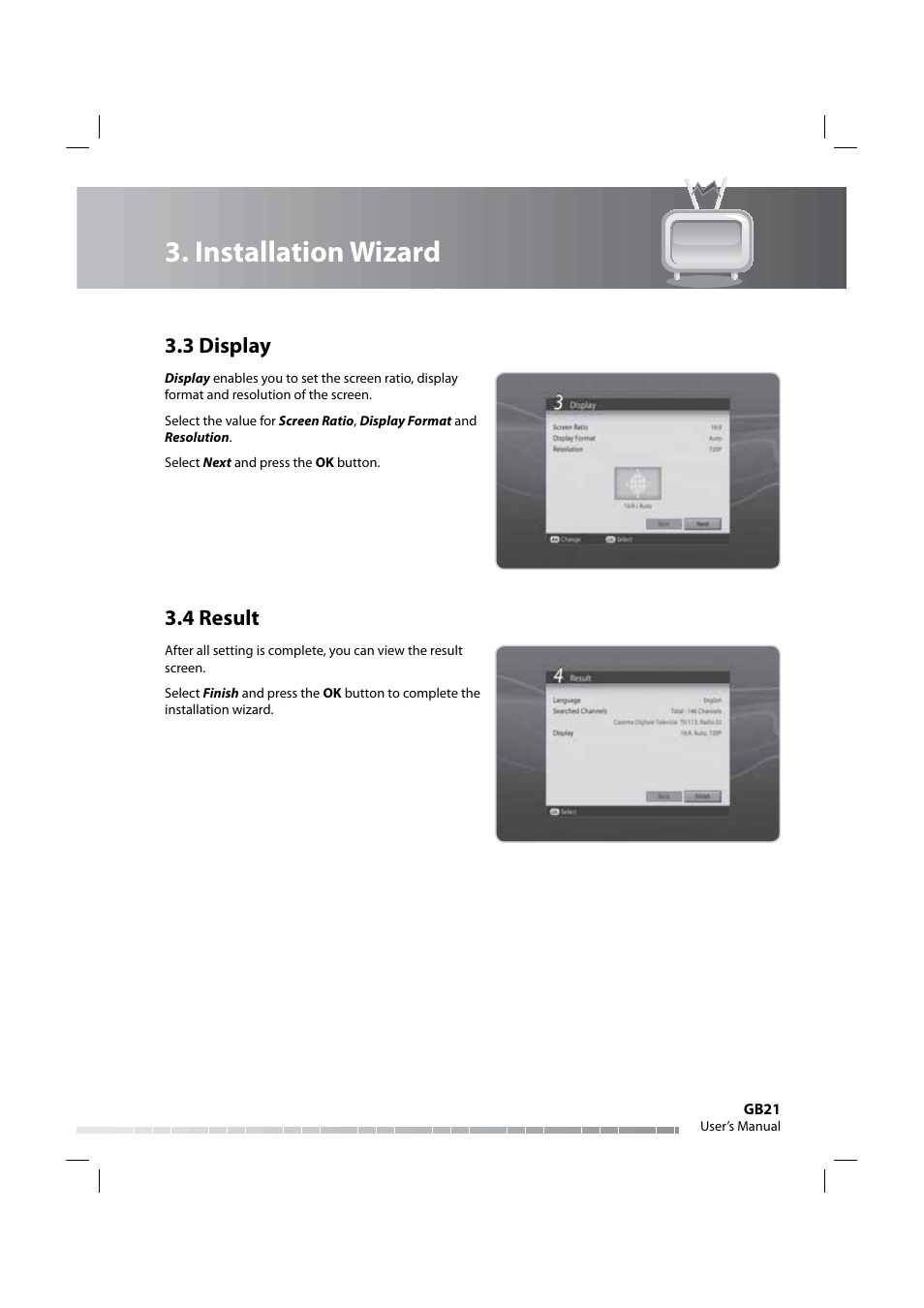 Installation wizard, 3 display, 4 result | Humax IRHD-5000C User Manual | Page 22 / 58