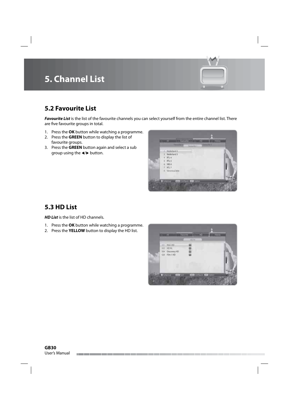 Channel list, 2 favourite list, 3 hd list | Humax IRHD-5000C User Manual | Page 31 / 58