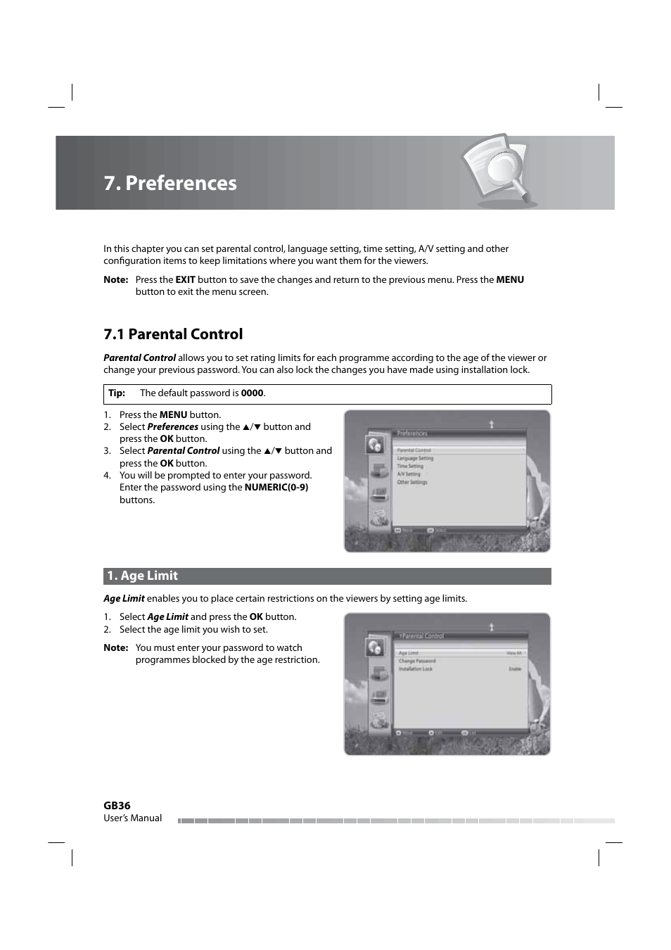 Preferences, 1 parental control, Age limit | Humax IRHD-5000C User Manual | Page 37 / 58