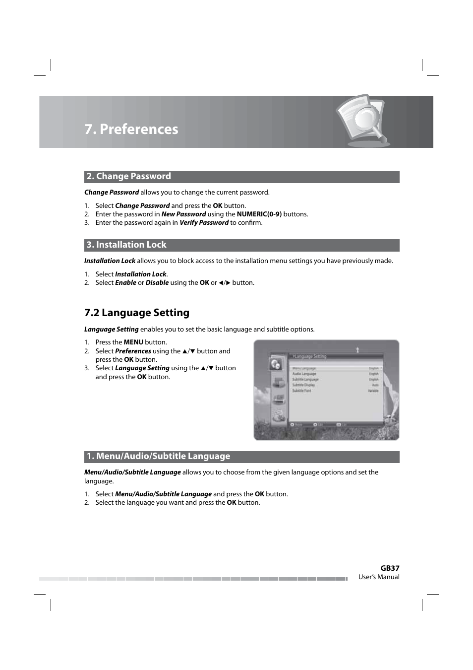 Preferences, 2 language setting, Change password | Installation lock, Menu/audio/subtitle language | Humax IRHD-5000C User Manual | Page 38 / 58