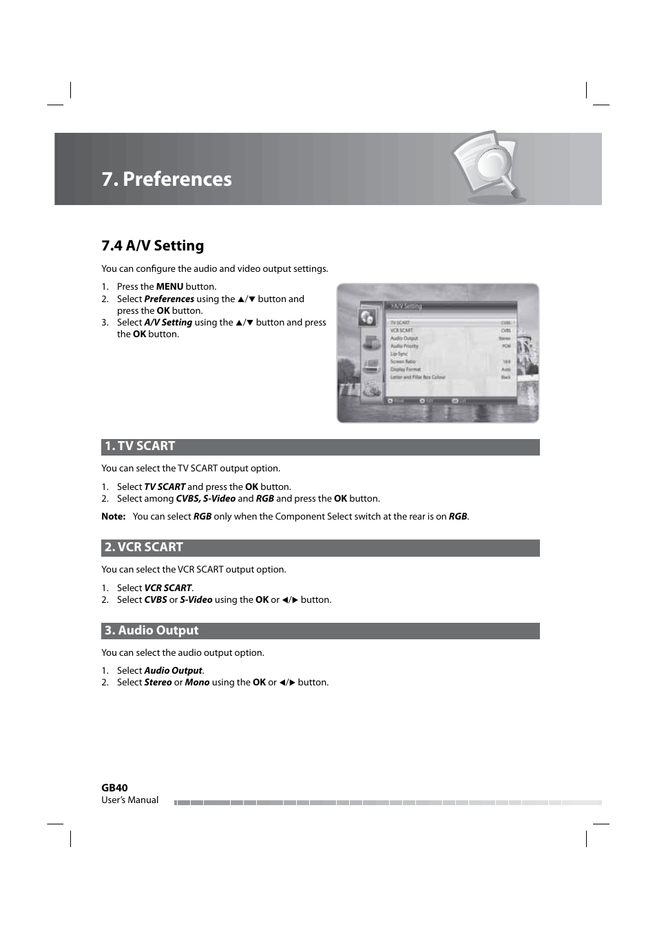 Preferences, 4 a/v setting, Tv scart | Vcr scart, Audio output | Humax IRHD-5000C User Manual | Page 41 / 58