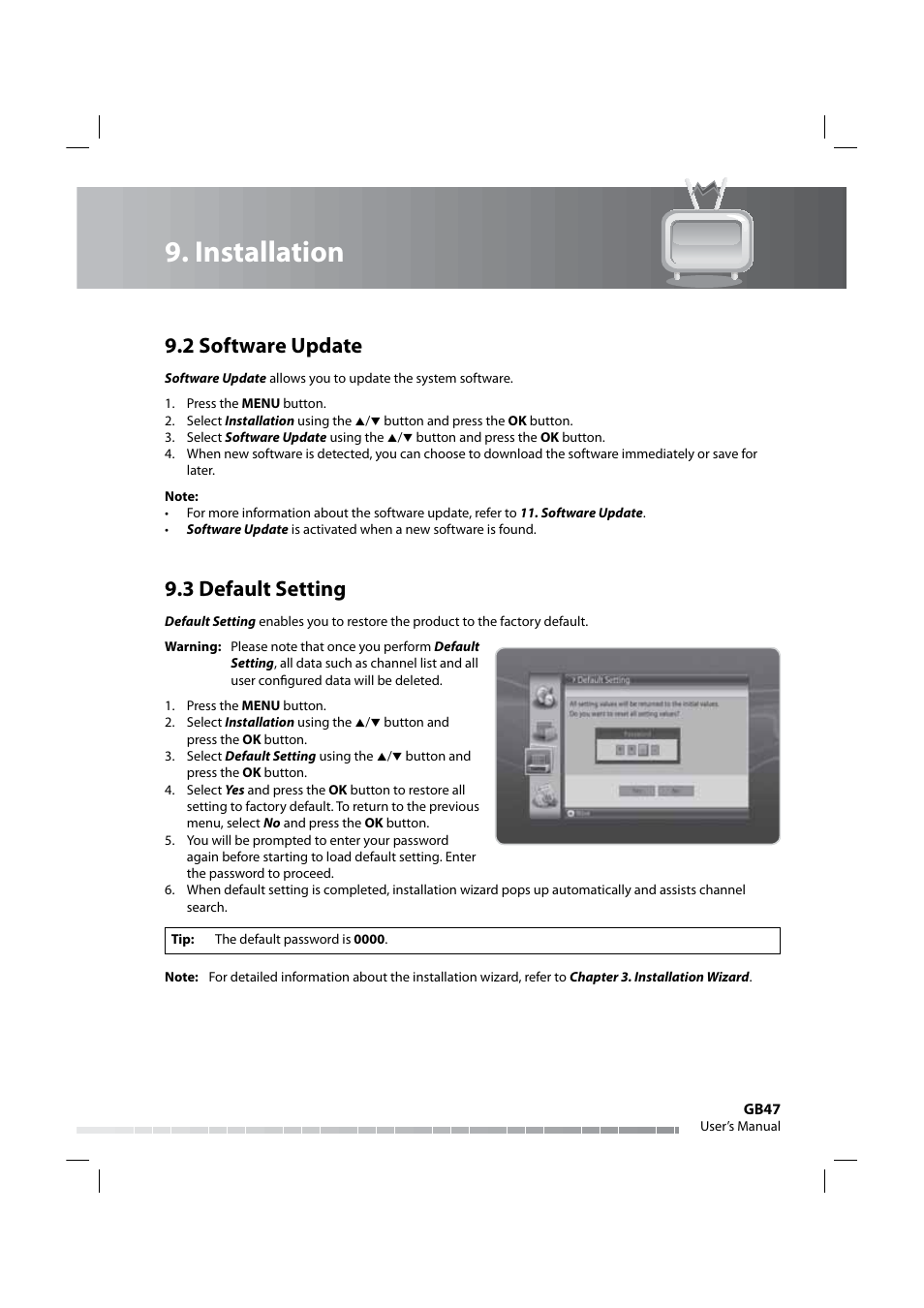 Installation, 2 software update, 3 default setting | Humax IRHD-5000C User Manual | Page 48 / 58