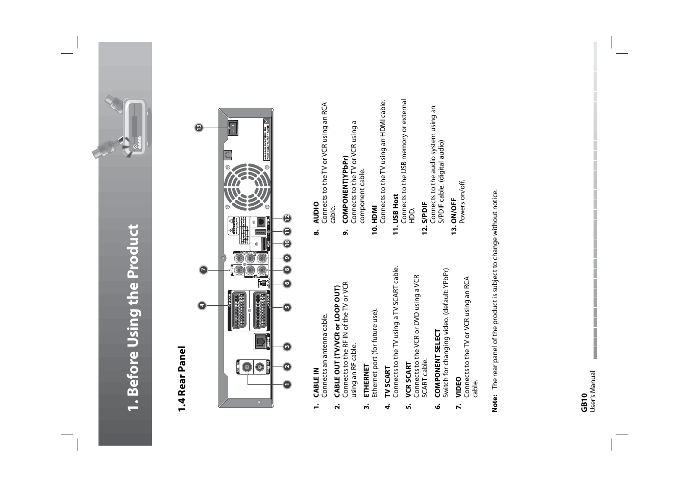 B e fo re u sing the p roduc t, 4 rear p anel | Humax HDPVR-1000C User Manual | Page 11 / 97