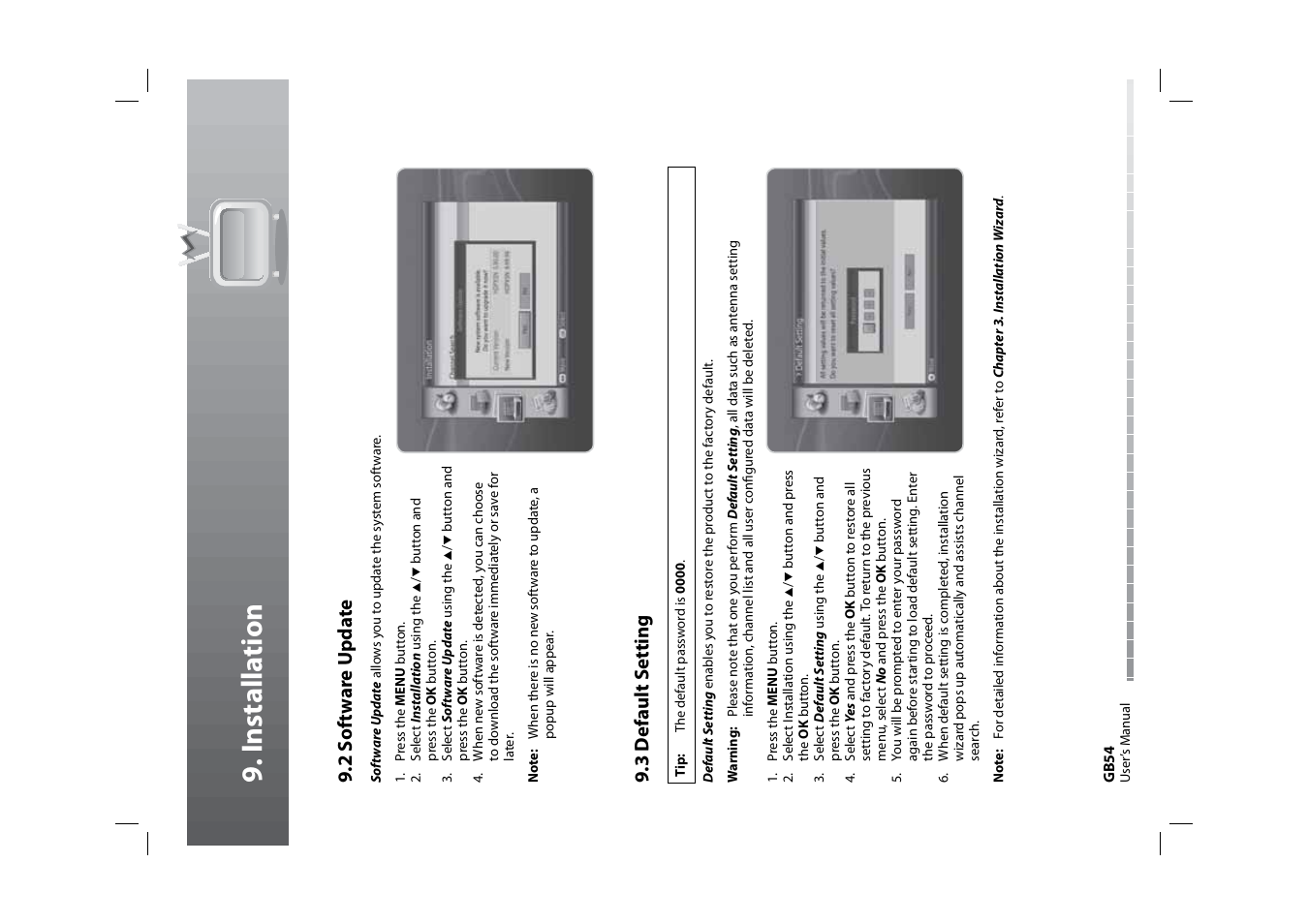 Installa tion, 2 so ft w ar e upda te, 3 default s etting | Humax HDPVR-1000C User Manual | Page 55 / 97