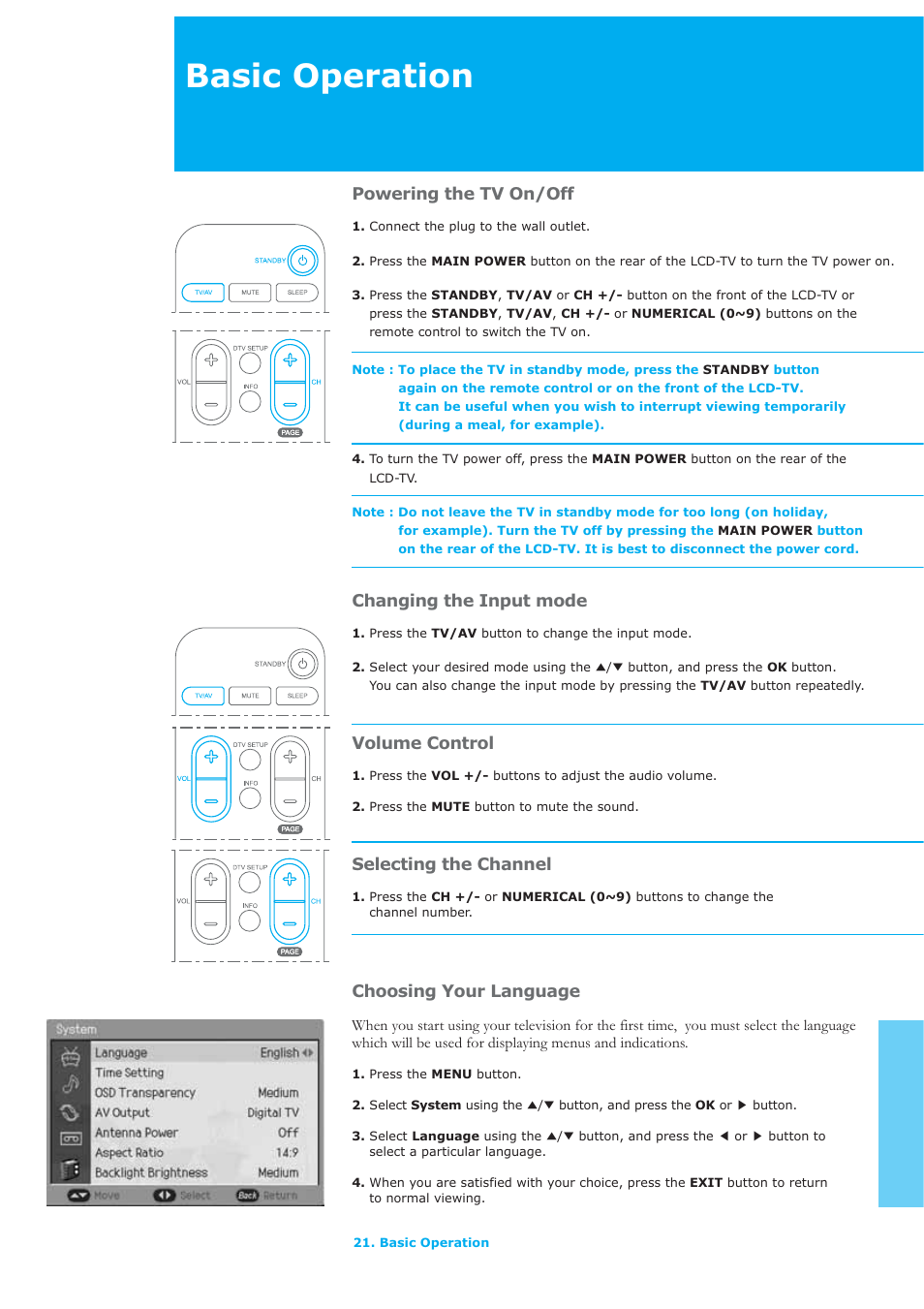 Basic operation, Powering the tv on/off, Changing the input mode | Volume control, Selecting the channel, Choosing your language | Humax LAU-26TPVR User Manual | Page 22 / 76