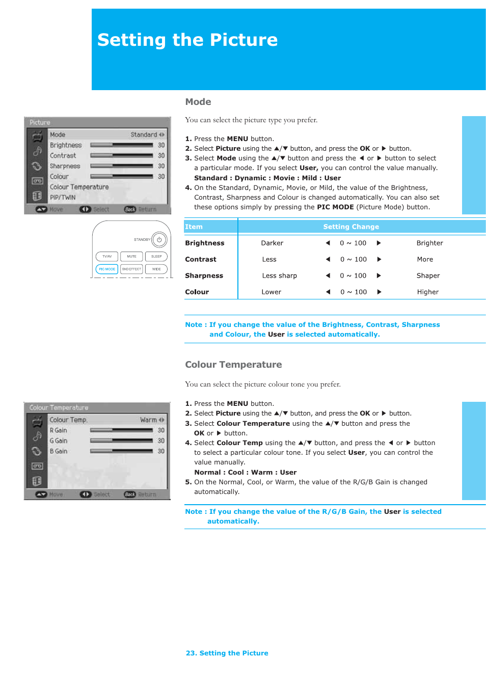 Setting the picture, Mode, Colour temperature | Humax LAU-26TPVR User Manual | Page 24 / 76