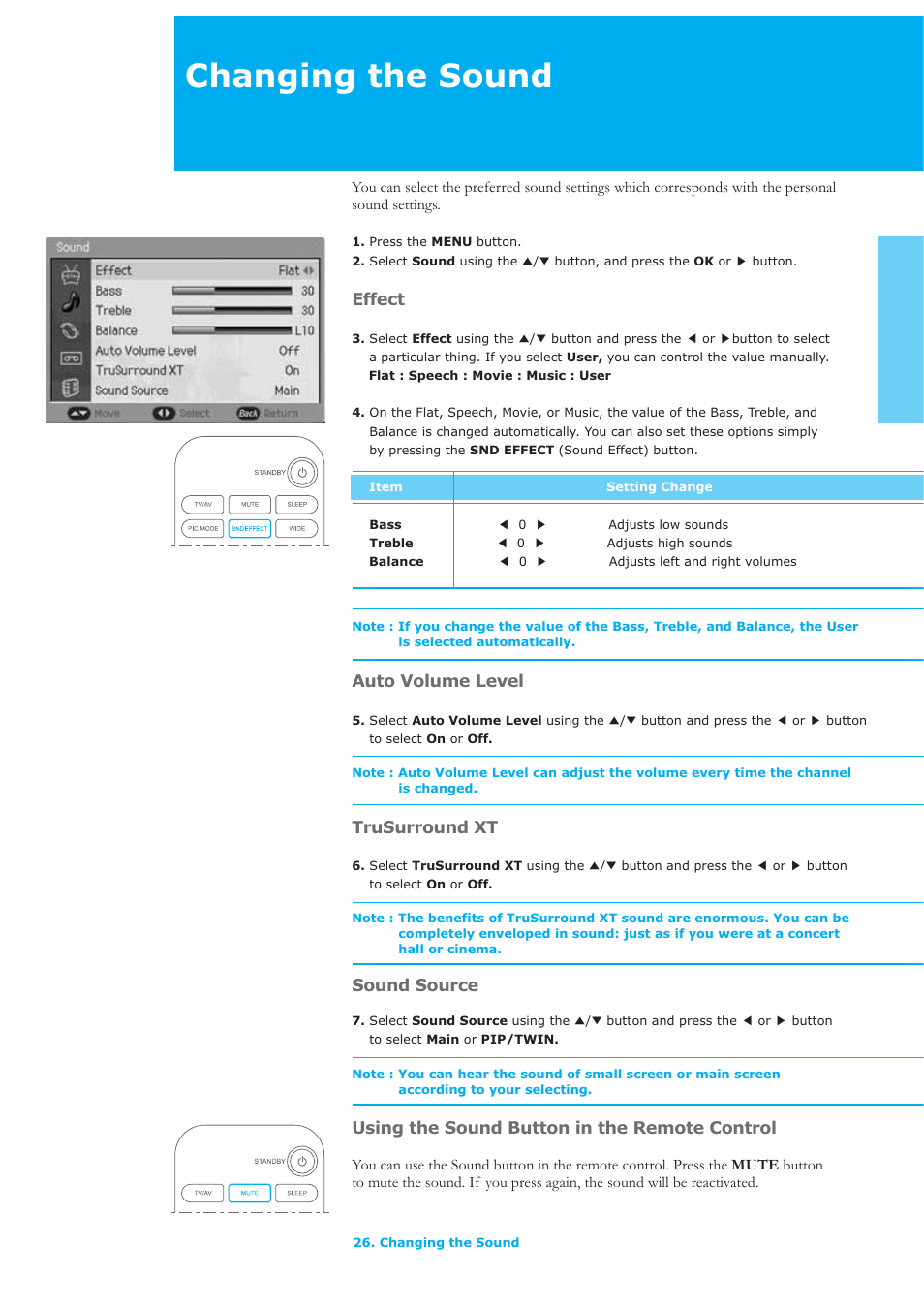 Changing the sound, Effect, Auto volume level | Trusurround xt, Sound source, Using the sound button in the remote control | Humax LAU-26TPVR User Manual | Page 27 / 76