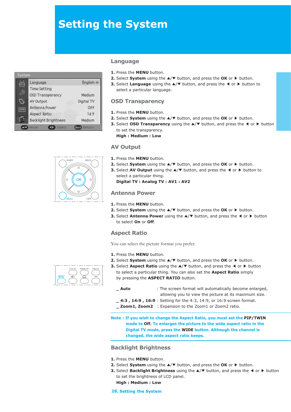 Language, Osd transparency, Av output | Antenna power, Aspect ratio, Backlight brightness | Humax LAU-26TPVR User Manual | Page 29 / 76