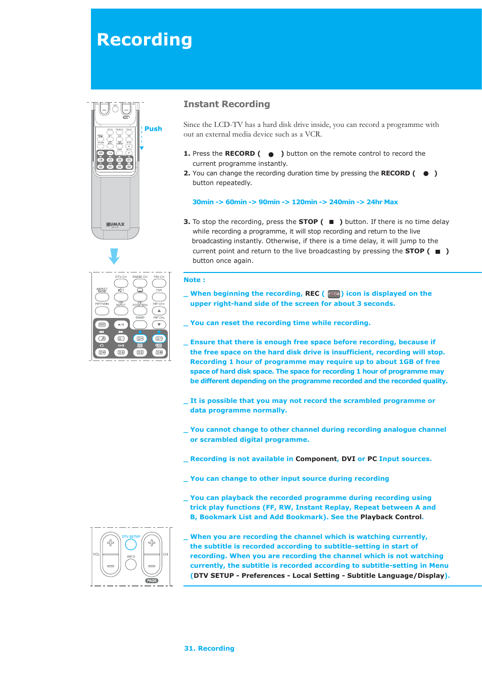 Recording, Instant recording | Humax LAU-26TPVR User Manual | Page 32 / 76