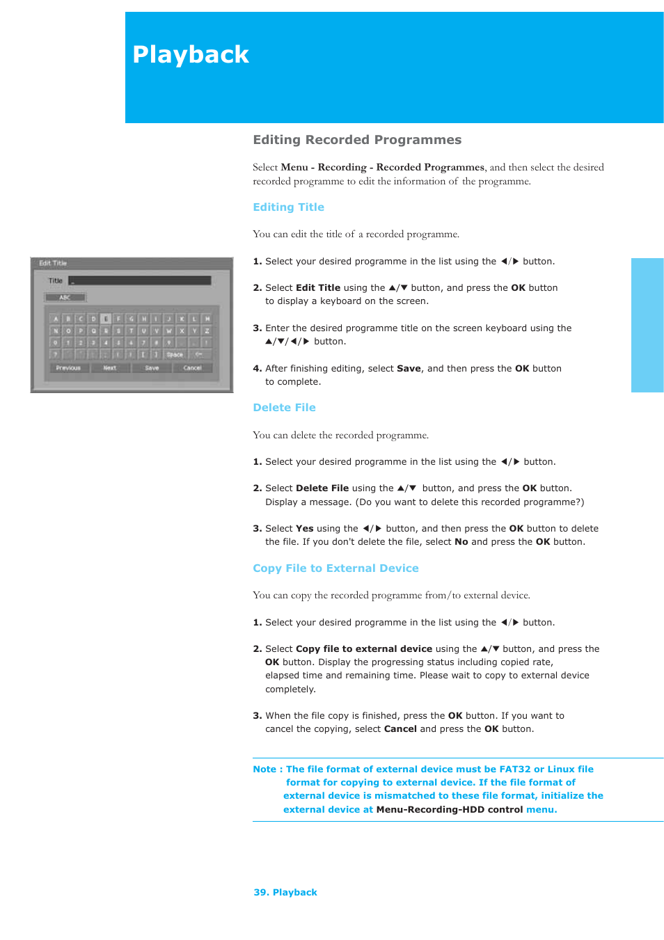 Playback, Editing recorded programmes | Humax LAU-26TPVR User Manual | Page 40 / 76