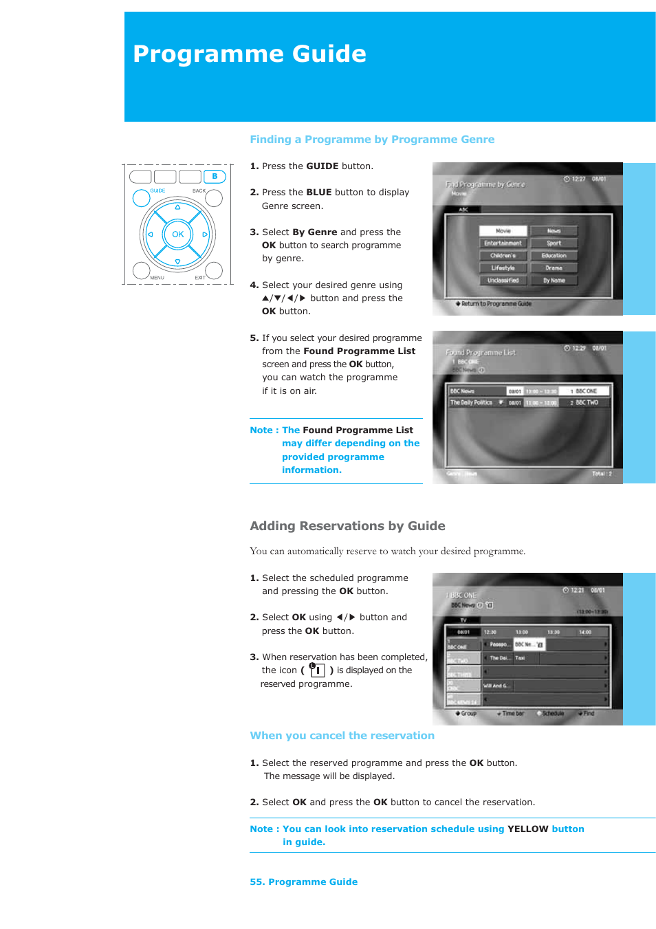 Programme guide, Adding reservations by guide | Humax LAU-26TPVR User Manual | Page 56 / 76