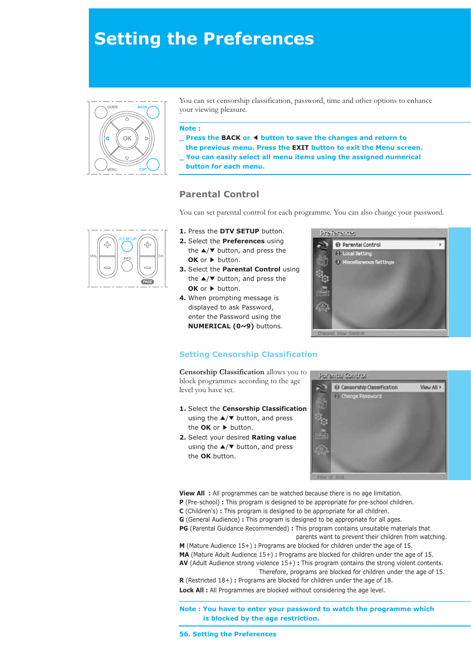 Setting the preferences, Parental control | Humax LAU-26TPVR User Manual | Page 57 / 76