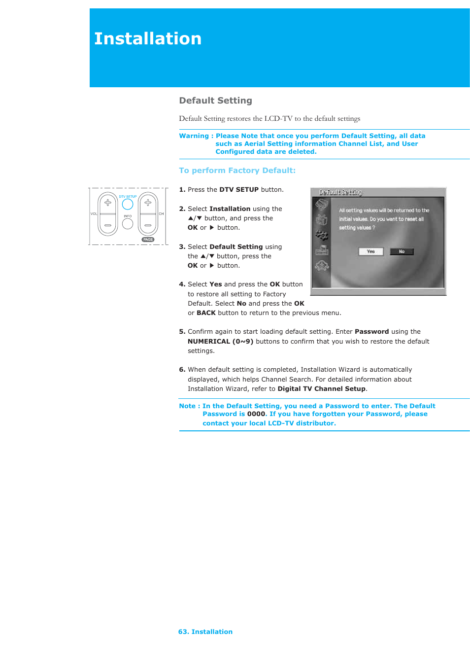 Installation, Default setting | Humax LAU-26TPVR User Manual | Page 64 / 76