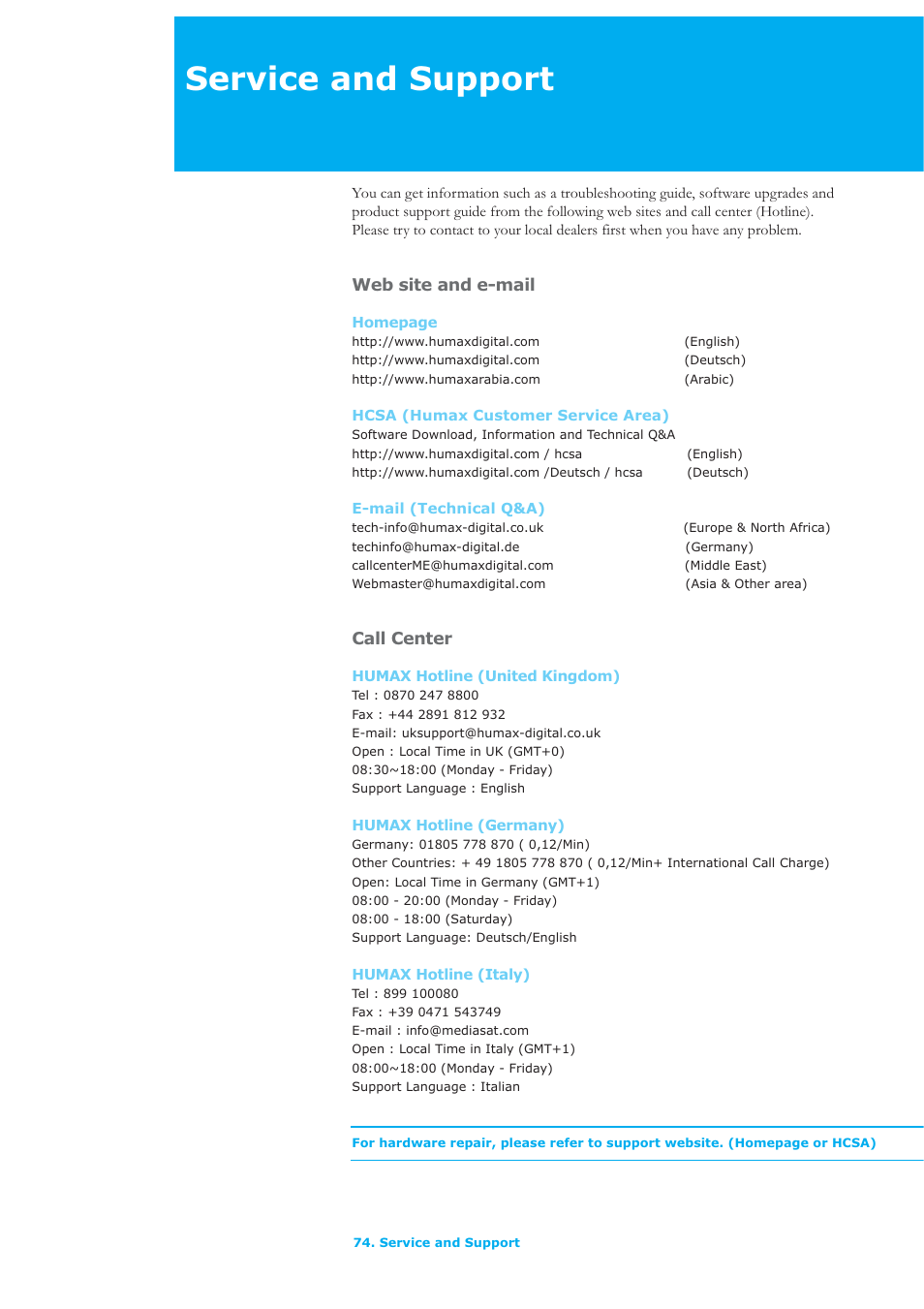 Service and support, Web site and e-mail, Call center | Humax LAU-26TPVR User Manual | Page 75 / 76
