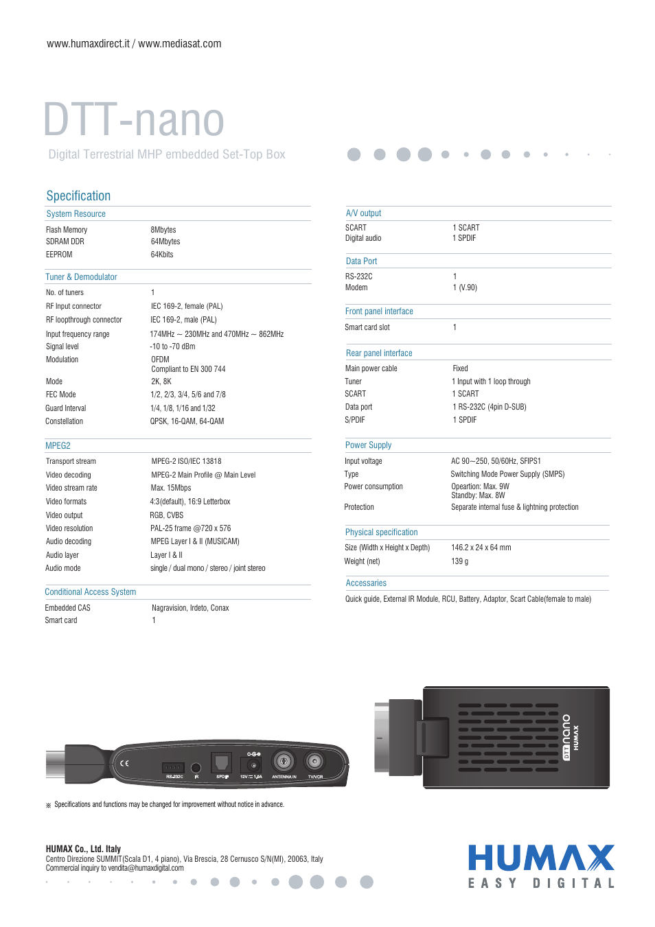 Dtt-nano, Specification, Digital terrestrial mhp embedded set-top box | Humax DTT-nano User Manual | Page 2 / 2