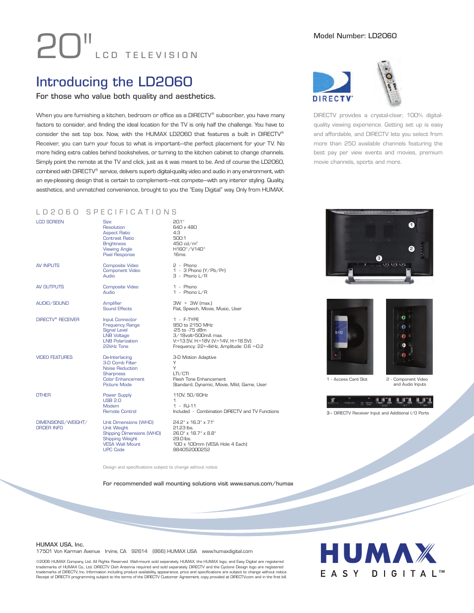 Introducing the ld2060, For those who value both quality and aesthetics | Humax LD-2060 User Manual | Page 2 / 2