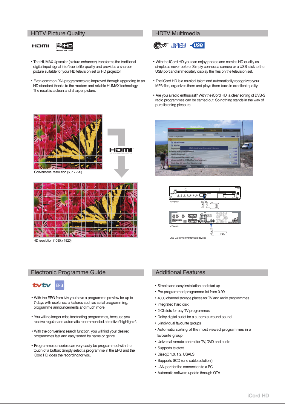 Hdtv picture quality, Hdtv multimedia, Electronic programme guide additional features | Icord hd | Humax iCord HD User Manual | Page 3 / 4