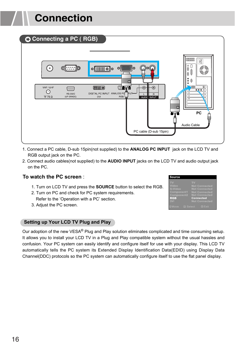 Connection, Connecting a pc ( rgb) | Humax L3040 User Manual | Page 16 / 65