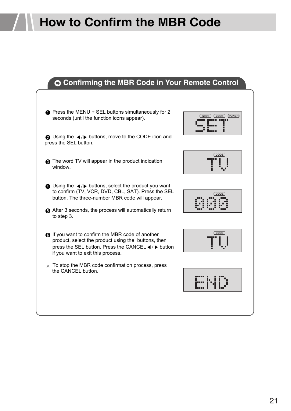 How to confirm the mbr code, Confirming the mbr code in your remote control | Humax L3040 User Manual | Page 21 / 65