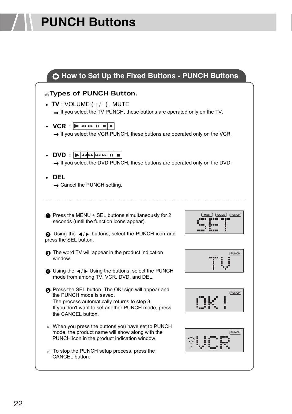Punch buttons, How to set up the fixed buttons - punch buttons | Humax L3040 User Manual | Page 22 / 65