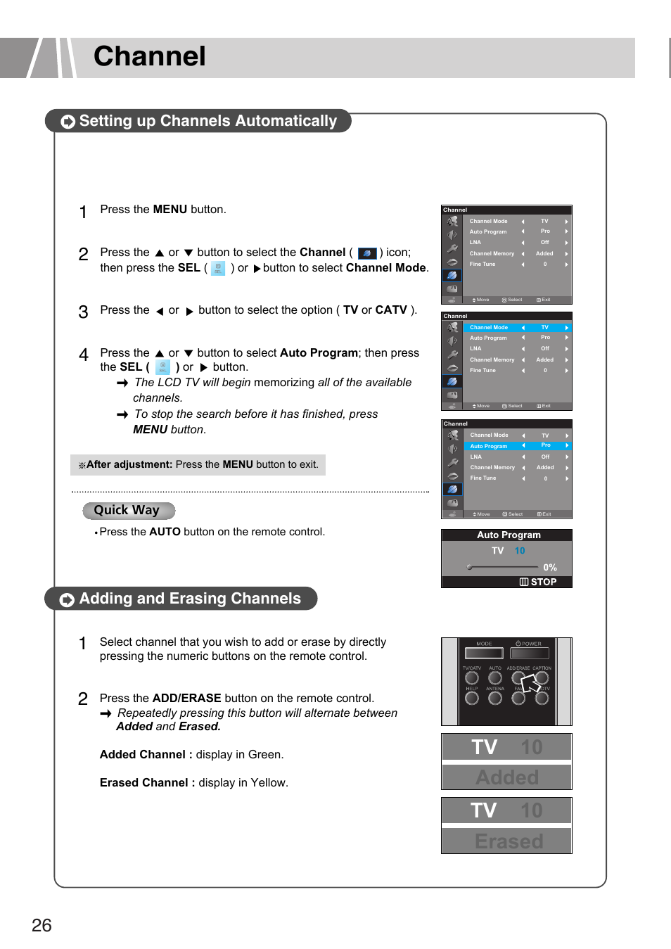 Channel, Tv 10 added, Tv 10 erased | Setting up channels automatically, Adding and erasing channels, Quick way | Humax L3040 User Manual | Page 26 / 65