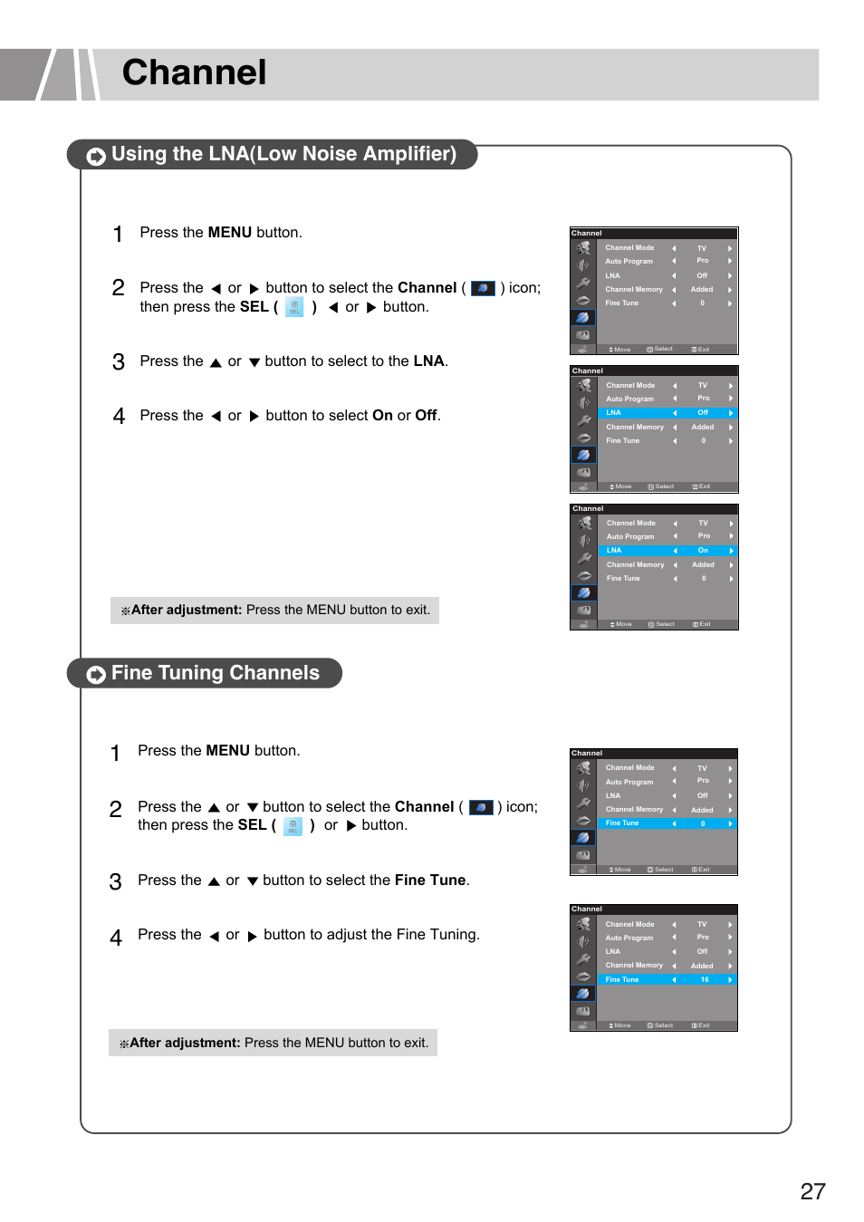 Channel, Using the lna(low noise amplifier), Fine tuning channels | Humax L3040 User Manual | Page 27 / 65
