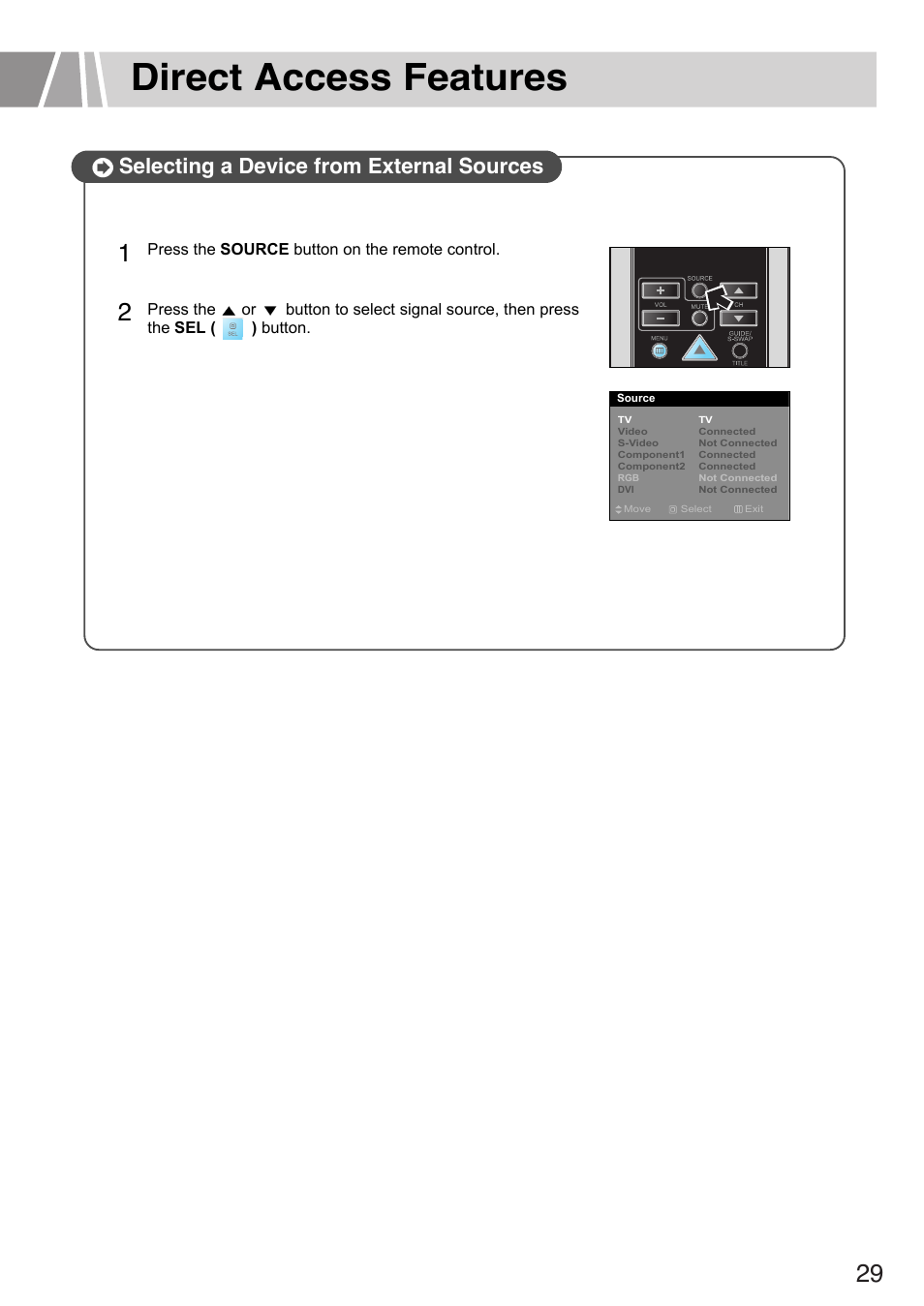 Direct access features, Selecting a device from external sources | Humax L3040 User Manual | Page 29 / 65