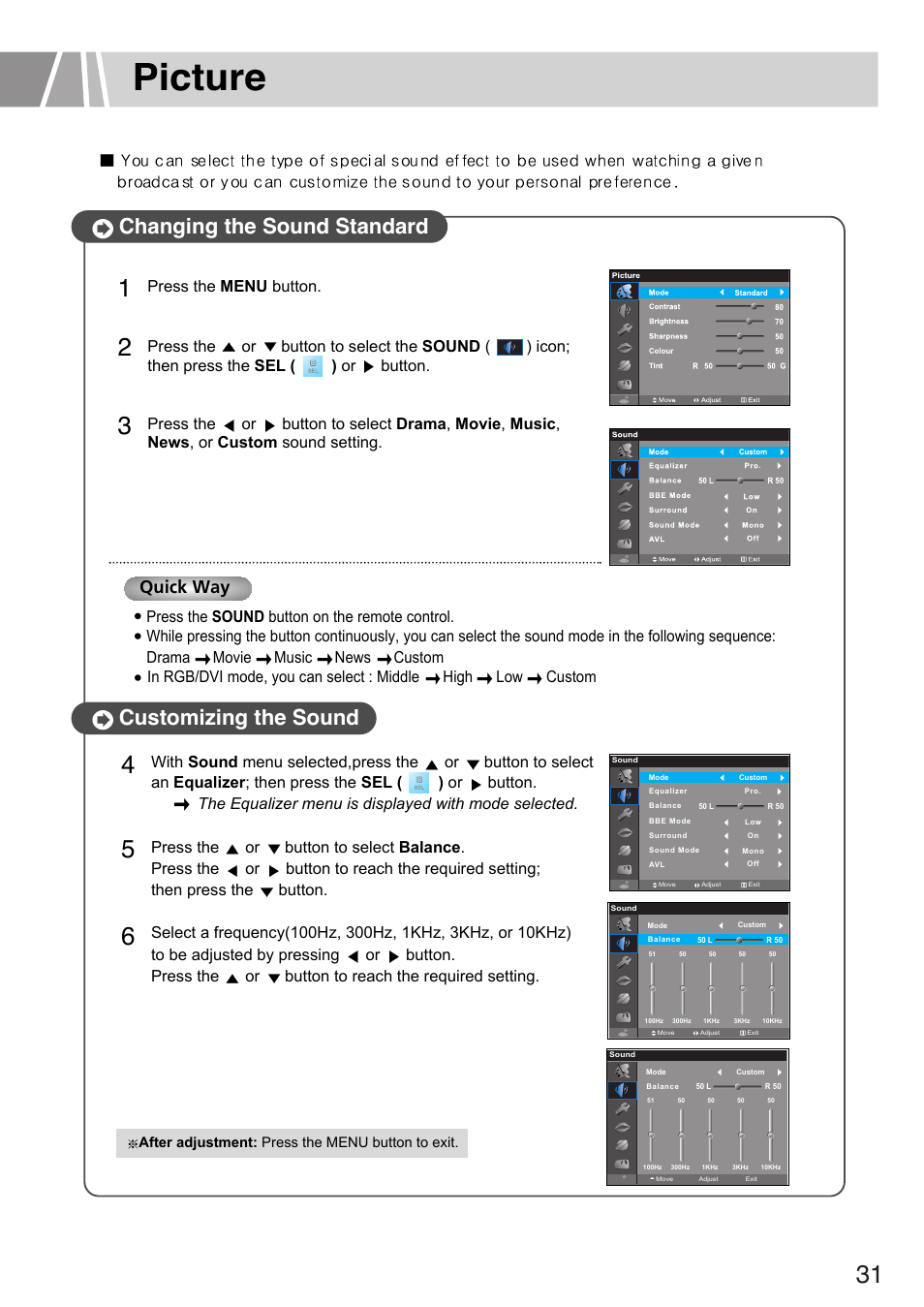 Picture, Changing the sound standard, Customizing the sound | Quick way | Humax L3040 User Manual | Page 31 / 65
