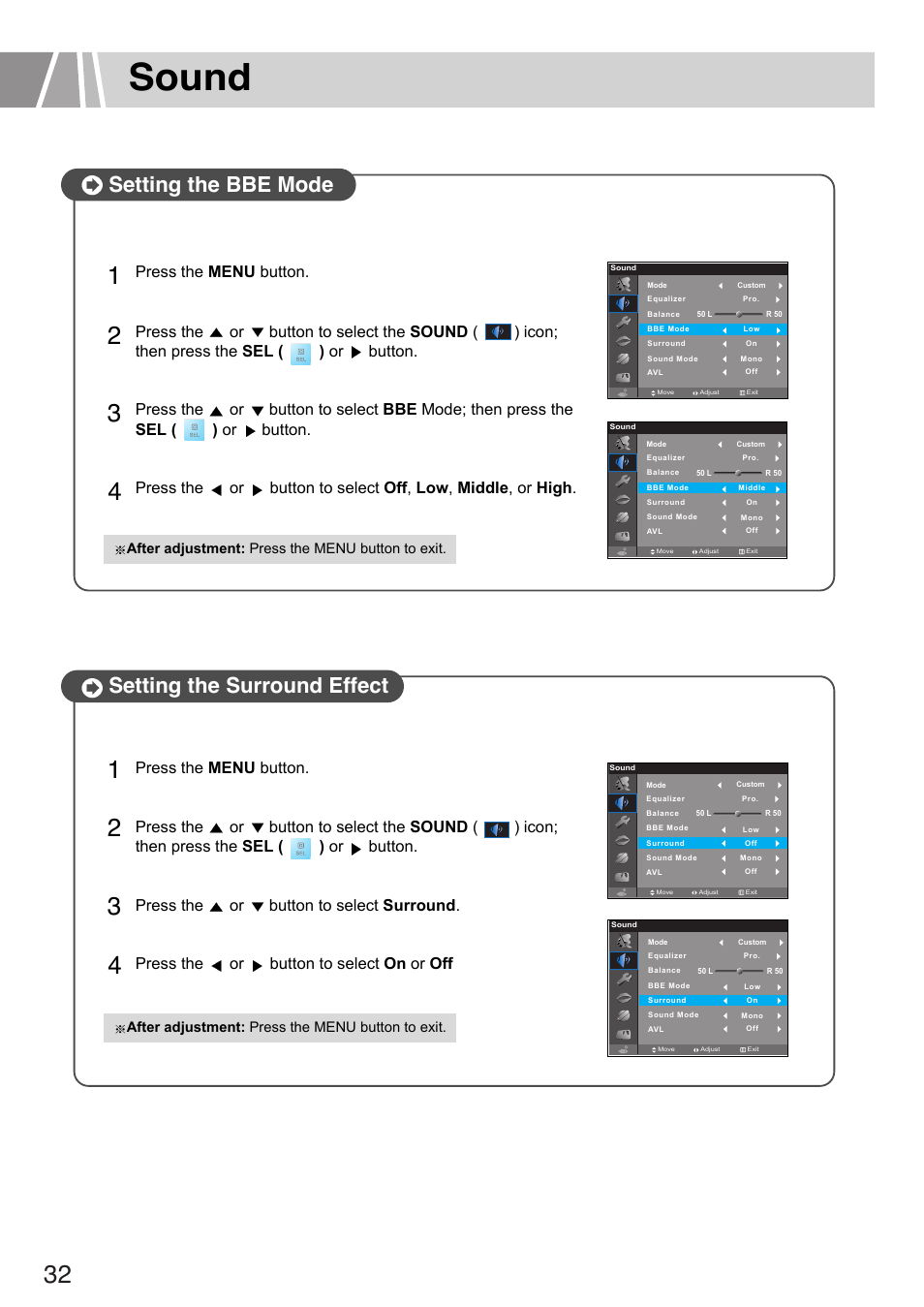 Sound, Setting the bbe mode, Setting the surround effect | Humax L3040 User Manual | Page 32 / 65