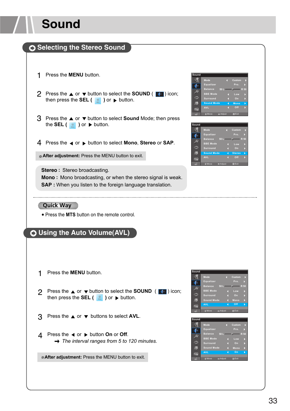 Sound, Selecting the stereo sound, Using the auto volume(avl) | Quick way | Humax L3040 User Manual | Page 33 / 65