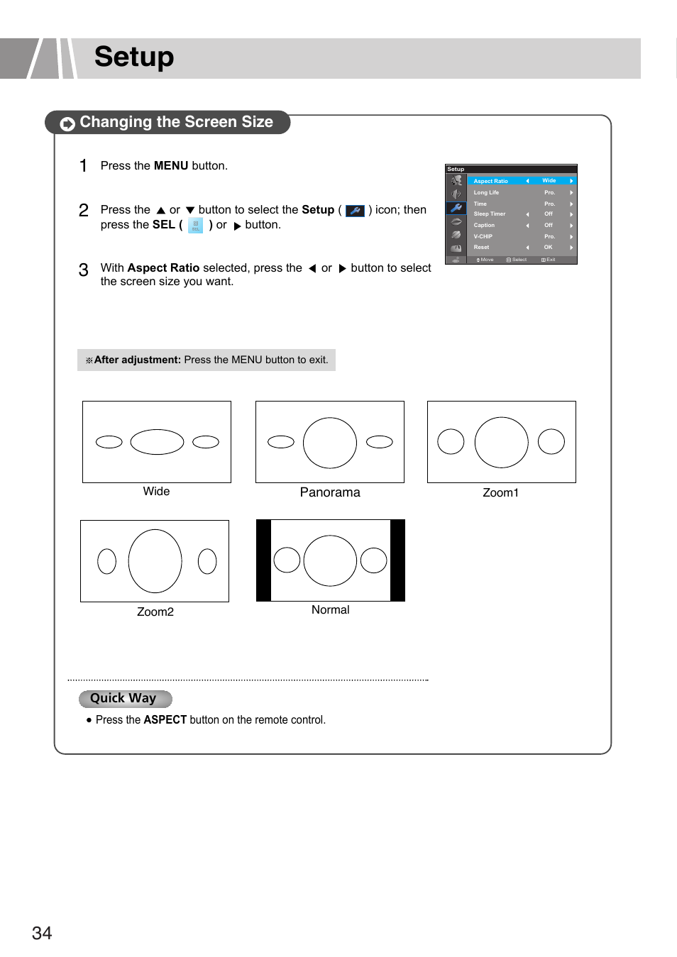Setup, Changing the screen size, Quick way | Panorama | Humax L3040 User Manual | Page 34 / 65