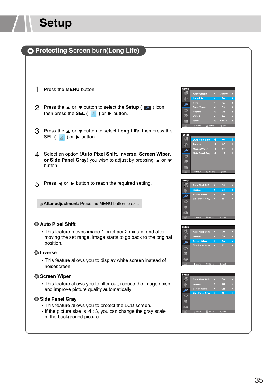 Setup, Protecting screen burn(long life) | Humax L3040 User Manual | Page 35 / 65