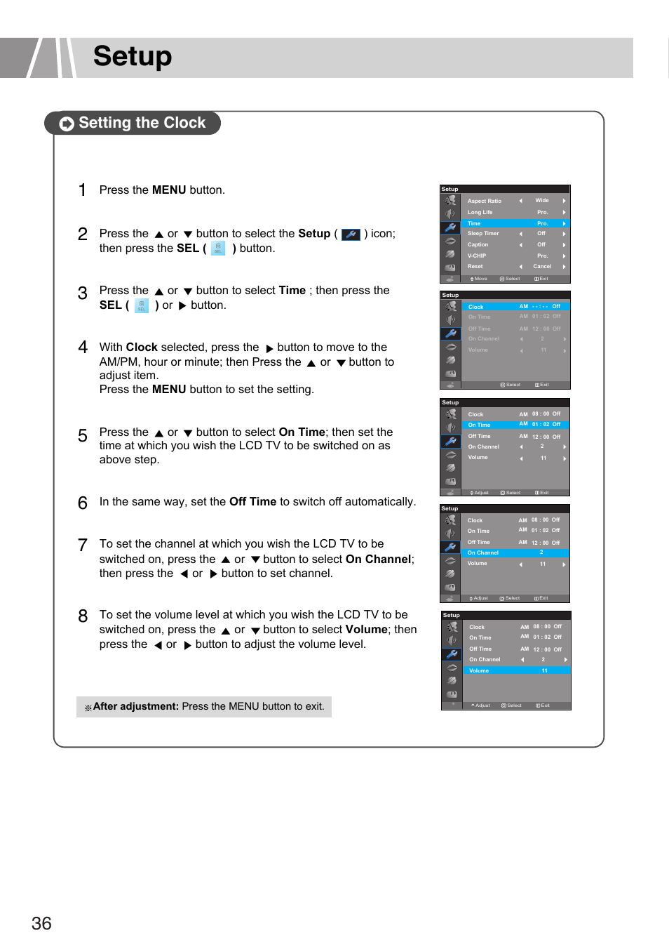 Setup, Setting the clock | Humax L3040 User Manual | Page 36 / 65