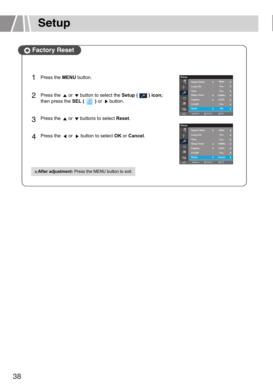 Setup, Factory reset, This feature reset the lcd tv to factory defaults | Humax L3040 User Manual | Page 38 / 65