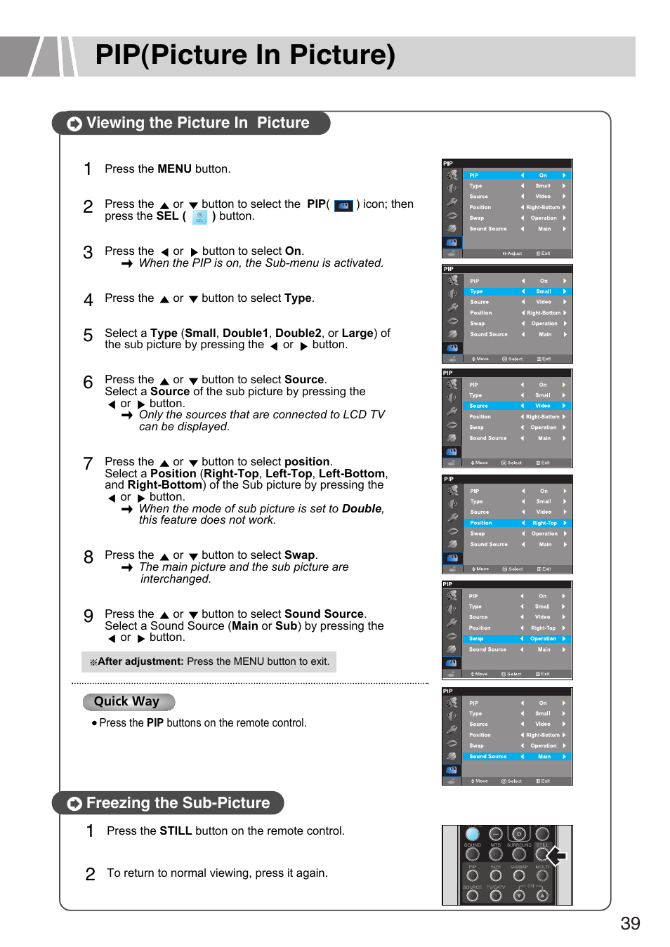 Pip(picture in picture), Viewing the picture in picture, Freezing the sub-picture | Humax L3040 User Manual | Page 39 / 65