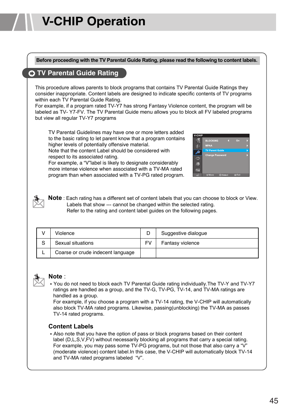 V-chip operation, Tv parental guide rating | Humax L3040 User Manual | Page 45 / 65