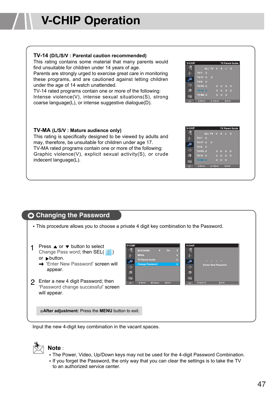 V-chip operation, Changing the password | Humax L3040 User Manual | Page 47 / 65