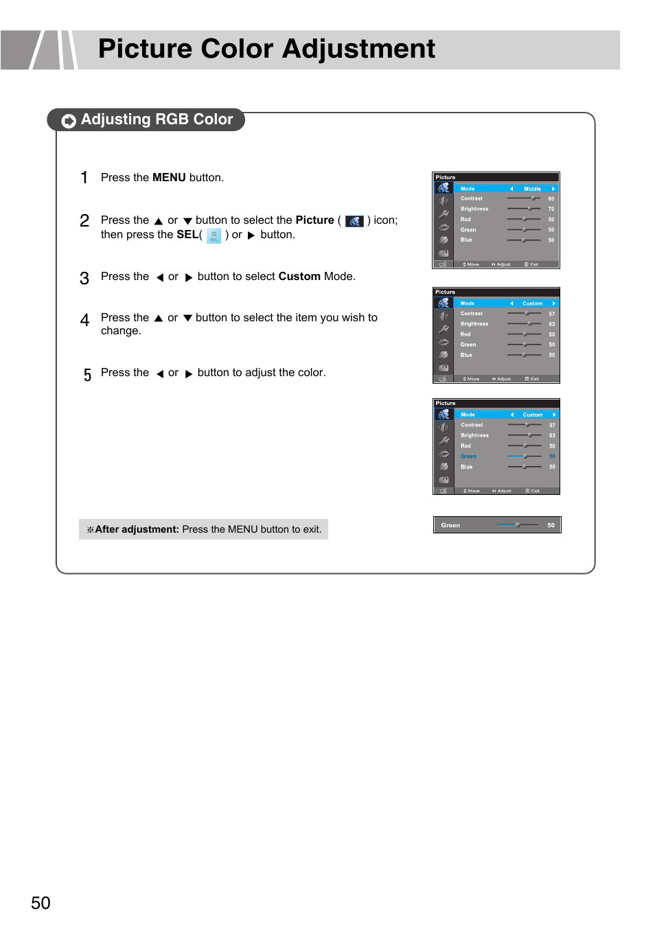 Picture color adjustment | Humax L3040 User Manual | Page 50 / 65
