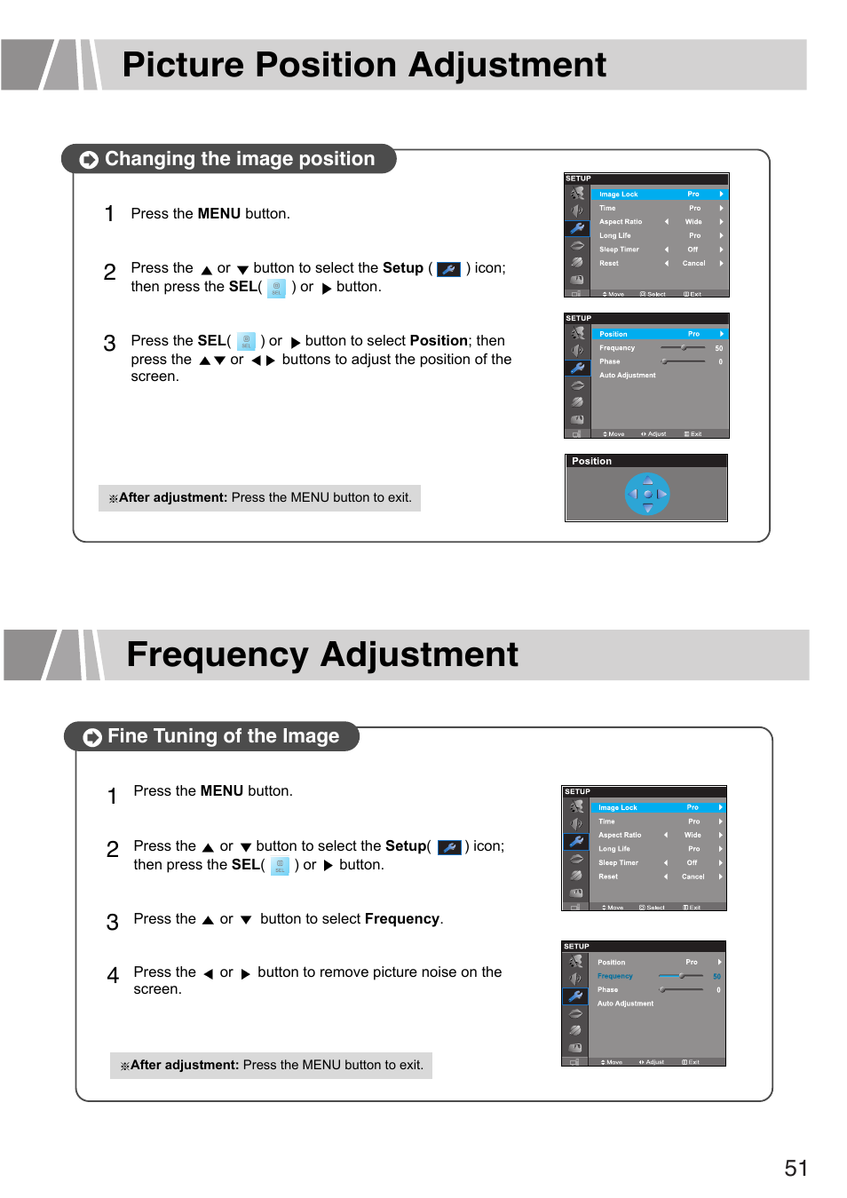 Picture position adjustment, Frequency adjustment | Humax L3040 User Manual | Page 51 / 65