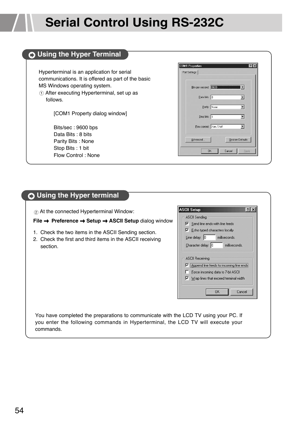 Serial control using rs-232c, Using the hyper terminal | Humax L3040 User Manual | Page 54 / 65