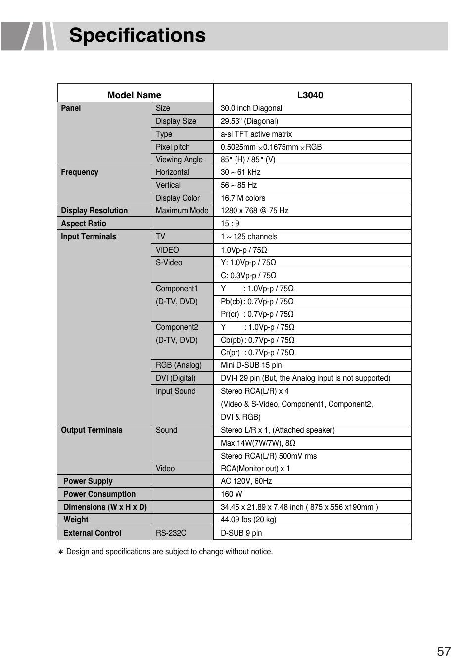 Specifications | Humax L3040 User Manual | Page 57 / 65