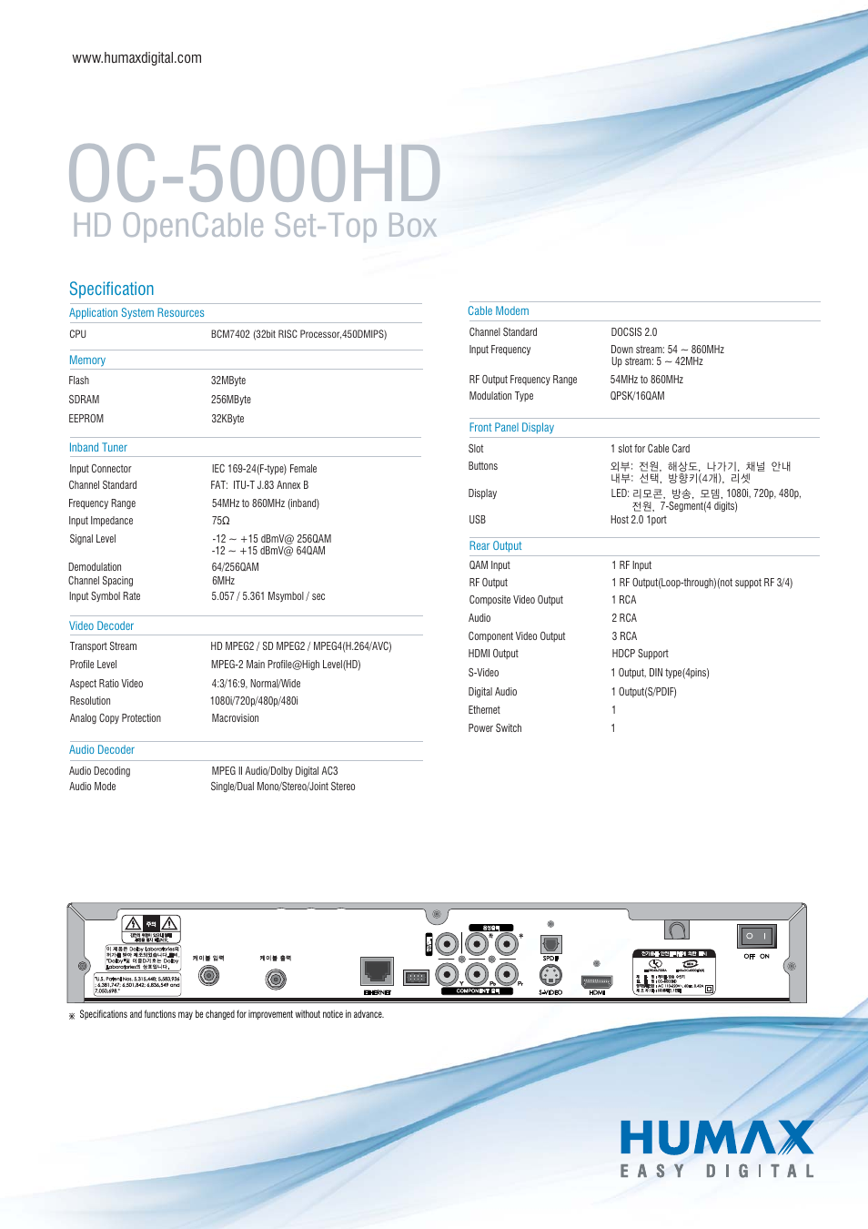 Oc-5000hd, Hd opencable set-top box, Specification | Humax OC-5000HD User Manual | Page 2 / 2