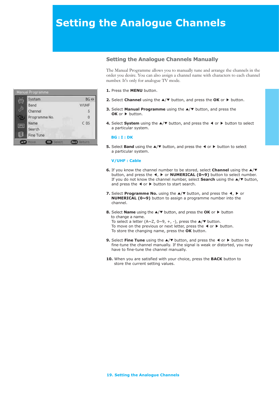 Setting the analogue channels, Setting the analogue channels manually | Humax LAU-32TPVR User Manual | Page 20 / 76