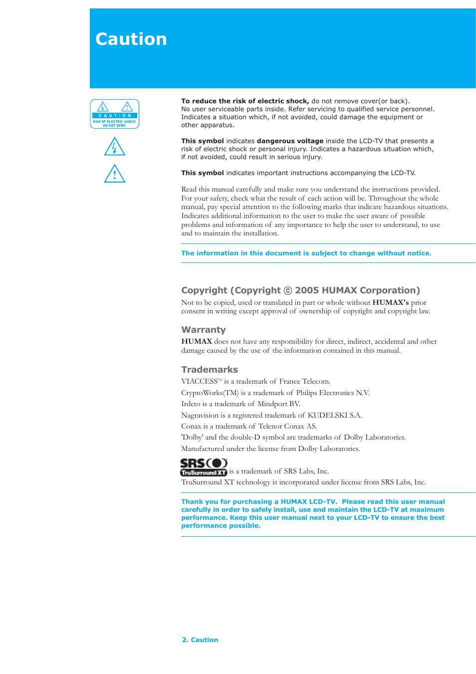 Caution | Humax LAU-32TPVR User Manual | Page 3 / 76