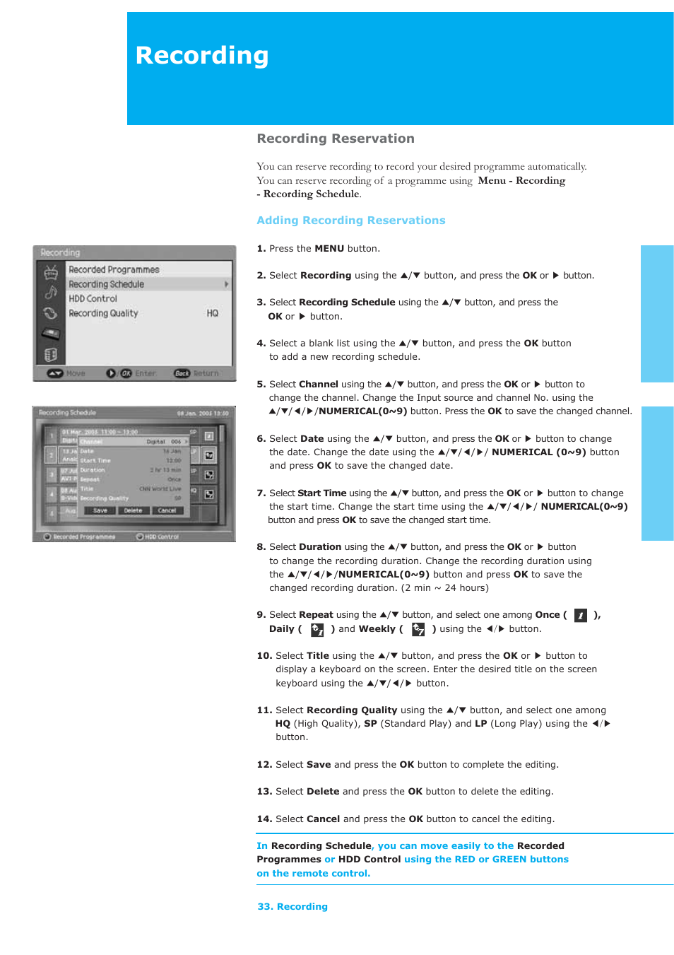 Recording, Recording reservation | Humax LAU-32TPVR User Manual | Page 34 / 76