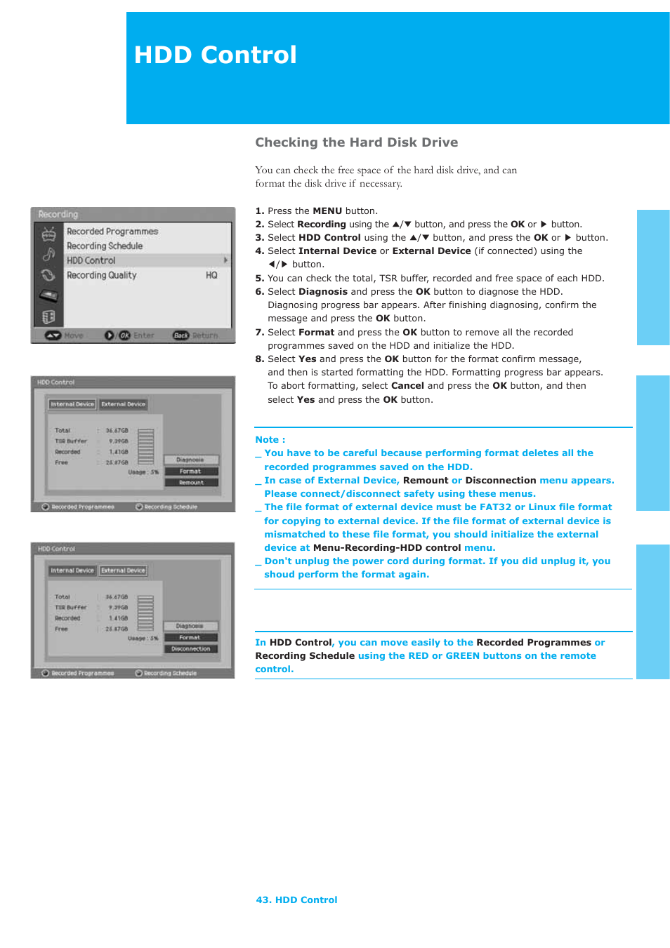 Hdd control, Checking the hard disk drive | Humax LAU-32TPVR User Manual | Page 44 / 76