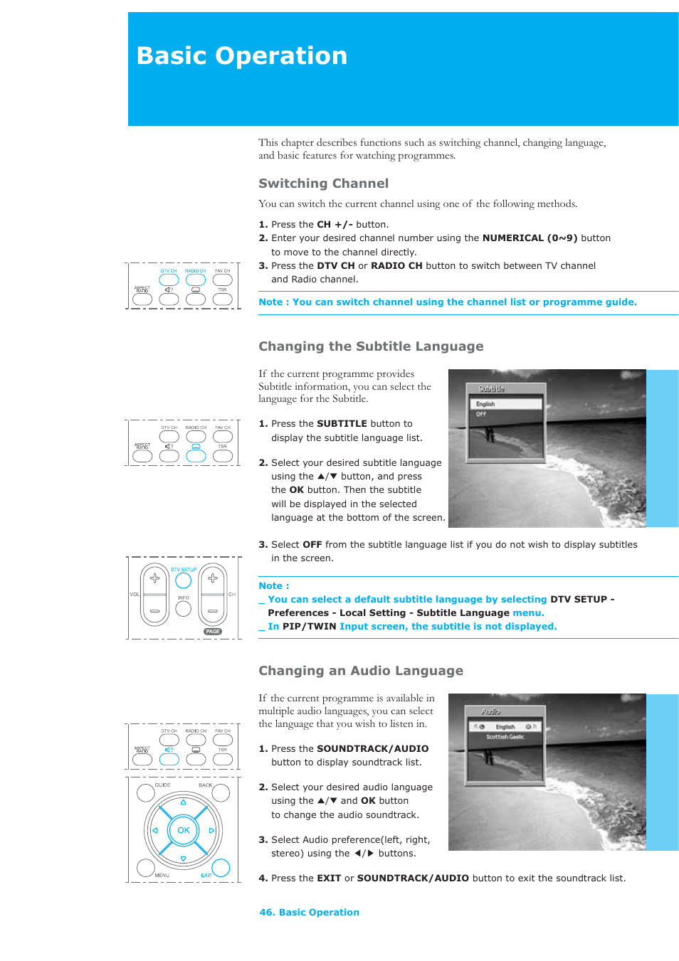 Basic operation, Switching channel, Changing the subtitle language | Changing an audio language | Humax LAU-32TPVR User Manual | Page 47 / 76