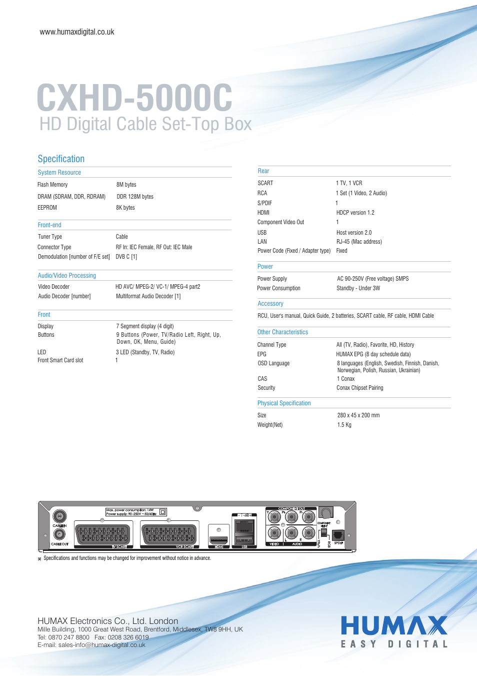 Cxhd-5000c, Hd digital cable set-top box, Specification | Humax CXHD-5000C User Manual | Page 2 / 2