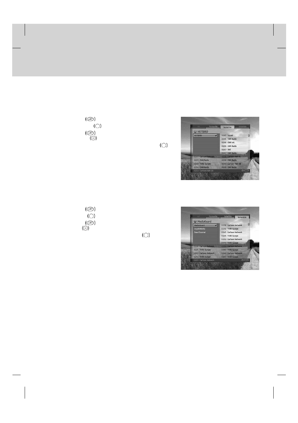 3 satellite list, 4 scramble list | Humax TV HDCl-2000 User Manual | Page 32 / 85